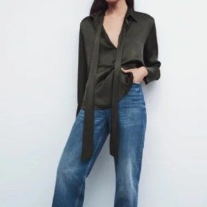 NEW ZARA Dark Green Satin Effect Neck Tie Collar Shirt Blouse Equestrian…